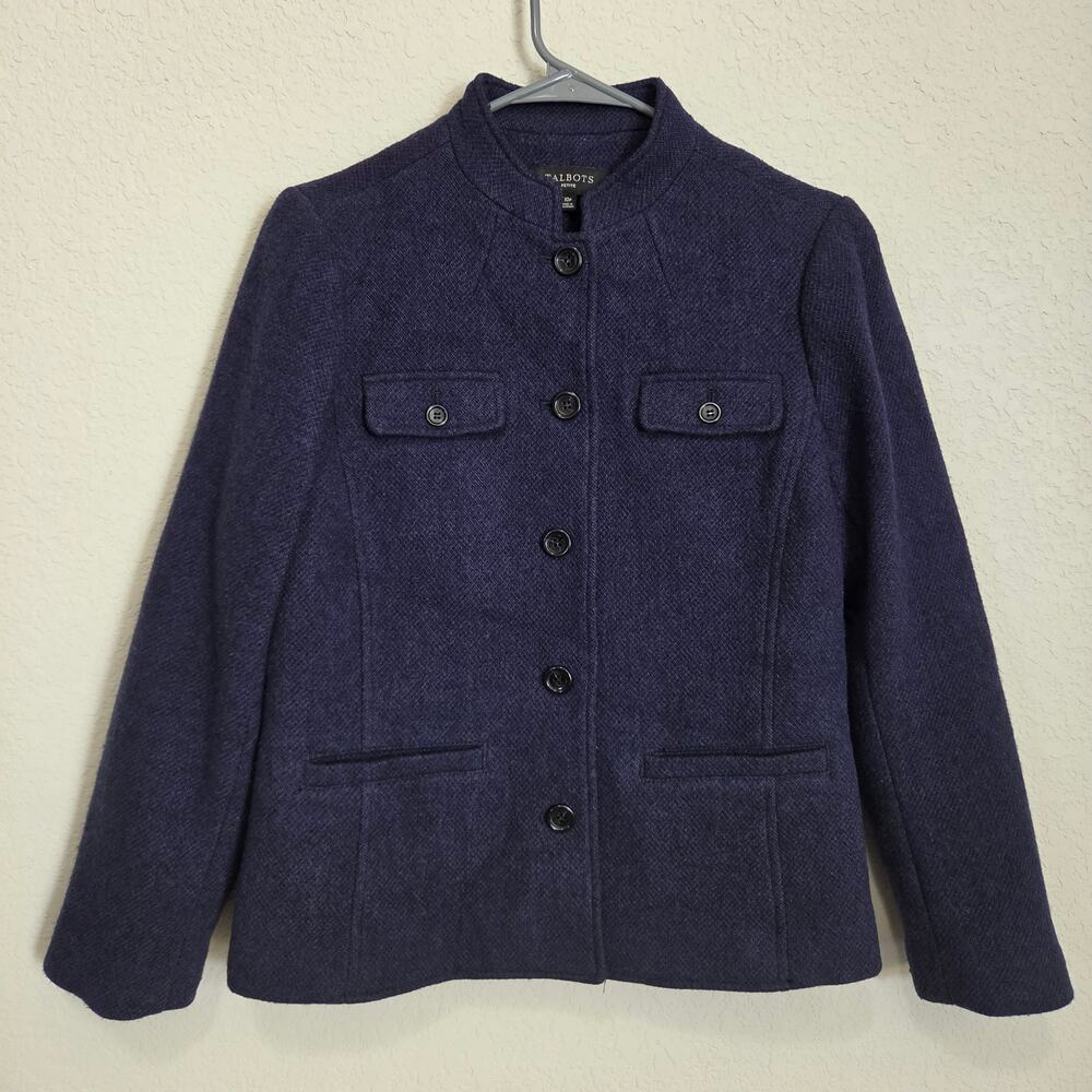Talbots Wool Blend Blazer Womens Petite 10P Navy Blue Tweed Professional Office